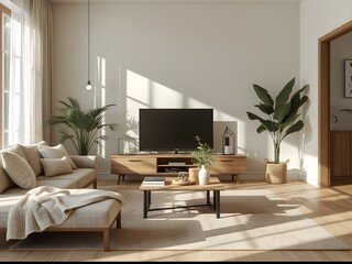 Modern Minimalist Living Room Interior Design with Beige Sofa and Wooden Furniture