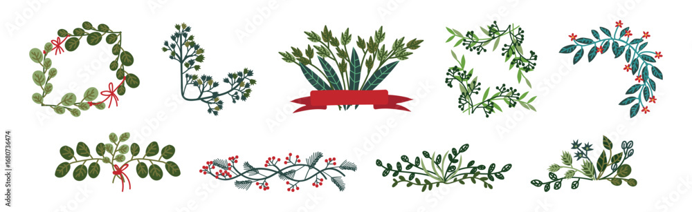 Poster decorative twig and branch border and element vector set