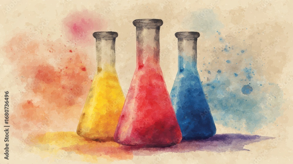 Poster colorful laboratory flasks with vibrant liquids against a textured background showcasing science exp