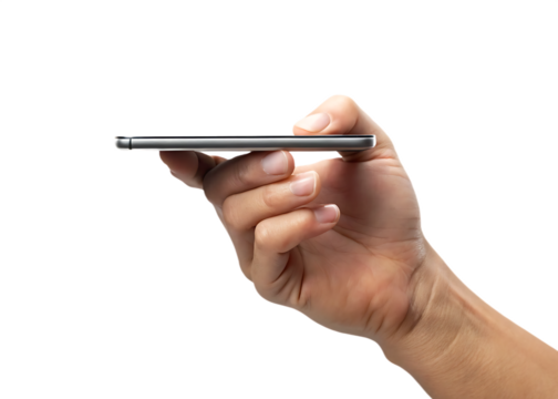 Human hand holding silver smartphone horizontally isolated on a transparent background