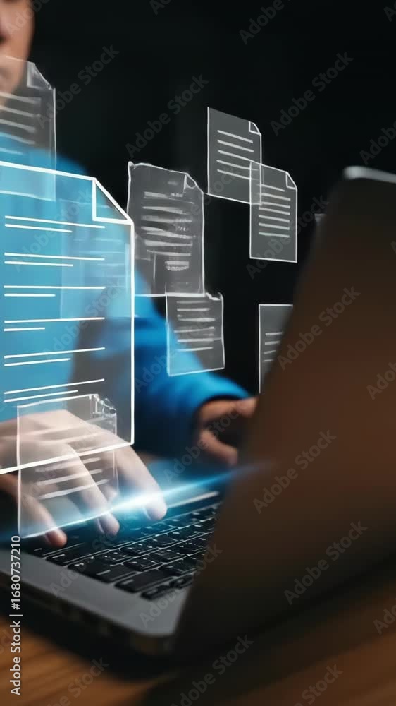 Poster a digital document management and data organization for efficient file storage with person typing la