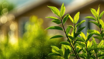 Fresh green leaves against a blurred home background