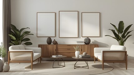 Modern Minimalist Living Room Interior Design:  Neutral Tones, Wooden Furniture, and Stylish Decor