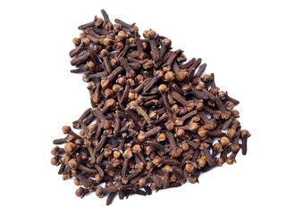 A pile of fresh dried brown cloves isolated on white background. Spice cloves. Close up of dried aromatic clove flower buds. Top view.