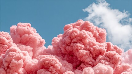 Colorful pink smoke clouds billowing against a clear blue sky during a daytime outdoor event in a vibrant atmosphere
