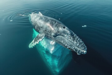 Fototapeta premium Humpback Whale Swimming Near Massive Teal Iceberg Under Deep Blue Ocean Sky