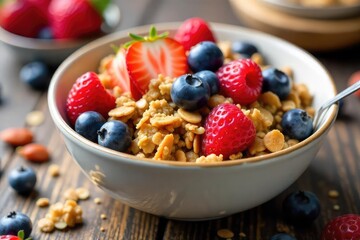 A delicious and healthy bowl of homemade granola cereal with fresh berries and nuts, perfect for a nutritious breakfast , cranberries, strawberries