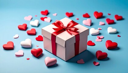 Romantic Gift Box Surrounded by Hearts on a Vibrant Blue Background