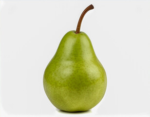  A close-up, high-quality studio shot of a single fresh green pear, isolated on a clean white background. The pear has a smooth skin with natural blemishes and a long, brown stem. The lighting is brig