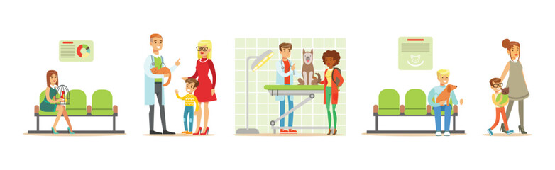 Veterinary Clinic with People Character Bring Domestic Animal Vector Set