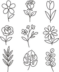 Minimal botanical line art set with flowers and leaves, including rose, tulip, daisy, and monstera. Perfect for wall art, posters, coloring books, wedding invitations, and elegant decorative projects.