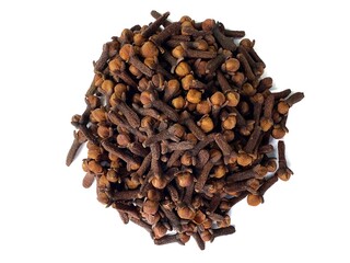 A pile of fresh dried brown cloves isolated on white background. Spice cloves. Close up of dried aromatic clove flower buds. Top view.