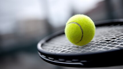 Close up of tennis ball sitting on racket strings, blurred background