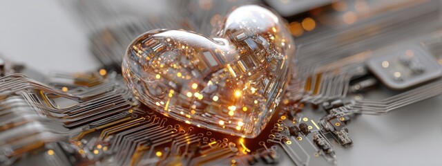 Glowing heart at the center of a vibrant 3D circuit board in a c