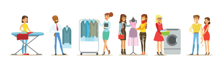 Dry Cleaning and Laundry Service with People Character Vector Set