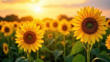 Naklejka premium Sunflowers Basking in Golden Sunlight A Breathtaking Summer Field of Happiness