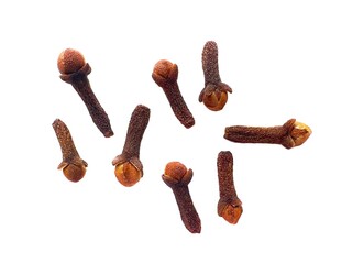 Cengkeh or cloves are aromatic dried flower buds. Dried cloves isolated on white background with...
