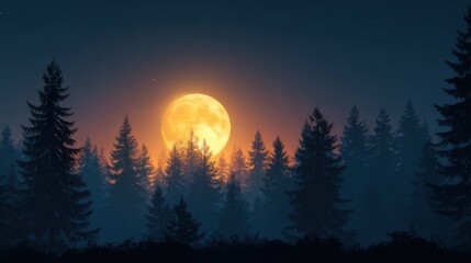 Orange Full Moon Over Pine Trees