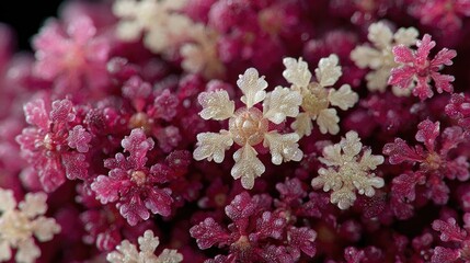 Close-up of tiny, delicate, snowflake-shaped flowers, in shades of deep red and creamy white