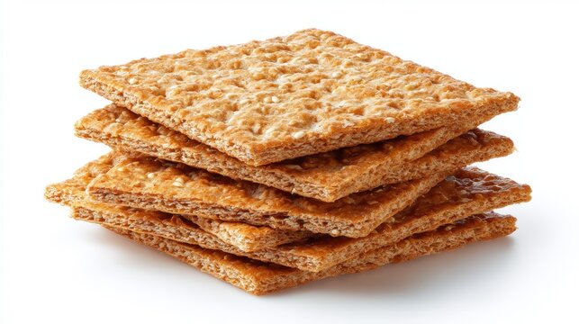 Stack of golden honey graham crackers with textured surface, perfect for snacking or s'mores ingredients on white background