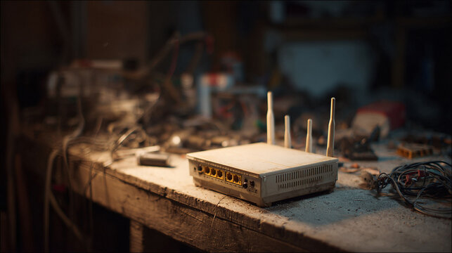 Vintage modem router sits amidst clutter on a workbench, evoking nostalgia  technology. Represents outdated systems, network issues, or home lab tinkering.