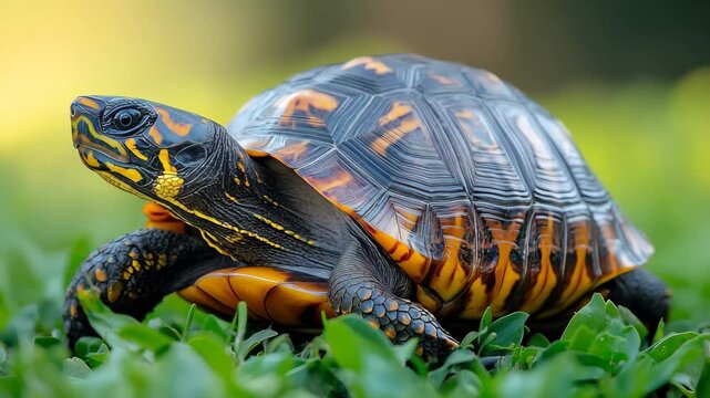 A stunning turtle makes its way across a grassy landscape, showcasing its vibrant shell and intricate patterns. The sunlight dapples the surroundings, highlighting natures beauty.