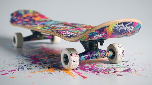 Colorful graffiti skateboard deck with vibrant paint splatters on creative artistic surface, street art skateboarding culture lifestyle - Powered by Adobe