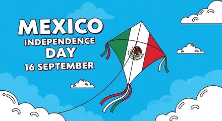 Mexico Independence Day Celebration: Kite with Flag, Blue Sky, Clouds.