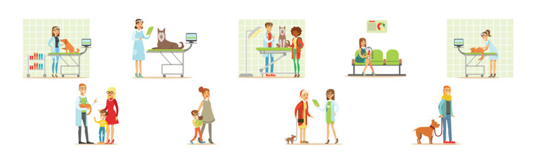 Veterinary Clinic with People Character Bring Domestic Animal Vector Set