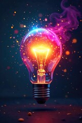 A lightbulb bursts with vibrant colors, radiating innovative energy and creative sparks, signifying a brilliant new idea taking flight , success, imagination, opportunity