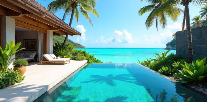 A lavish private villa overlooking a turquoise ocean, complete with infinity pool and lush tropical gardens, epitomizes ultimate relaxation and escape ,  holiday,  high-end,  palm trees
