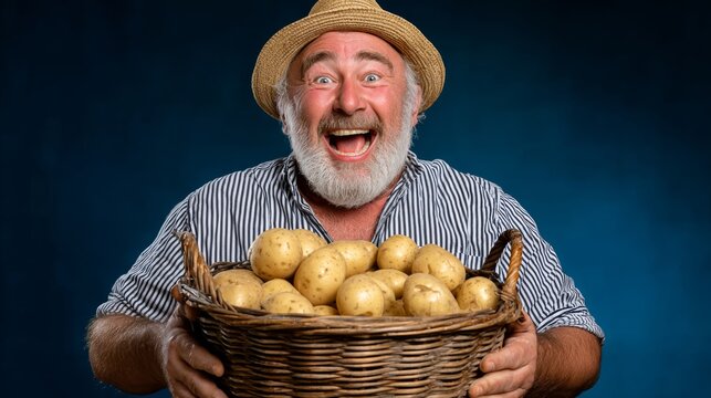 Joyful elderly man with a gray beard wearing a straw hat, holding a large basket filled with fresh potatoes, showcasing a vibrant expression against a blue background, celebrating harvest and abundanc