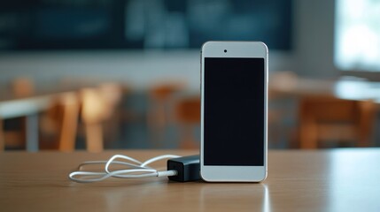 A white smartphone on a light wooden table, with a charging cable. Blurred background of a classroom