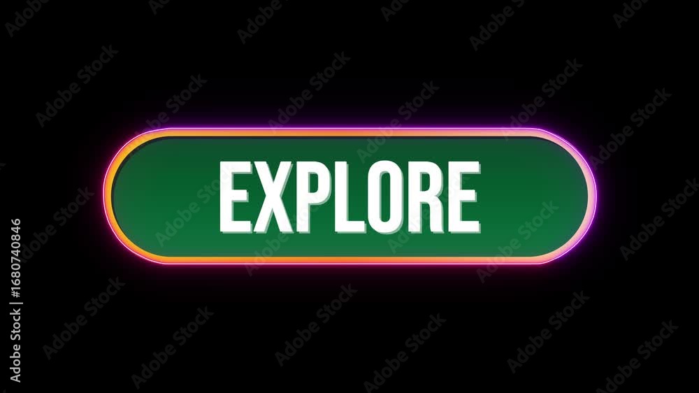 Poster explore, button click animation with computer mouse cursor and luxury neon glow colorful border on b
