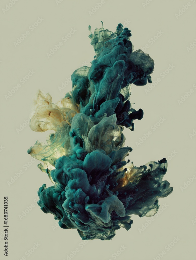Poster colorful ink swirl taking shape in water on a beige background with delicate details and dynamic mov