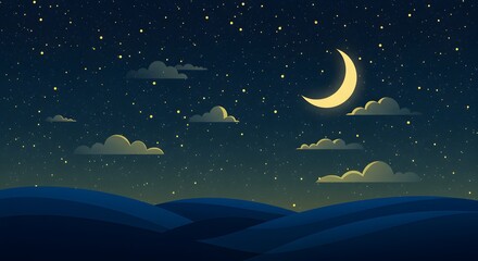 Fototapeta premium Magical Night Sky Crescent Moon Stars Clouds Landscape Illustration