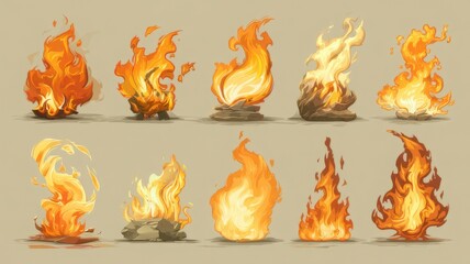 The image presents a collection of stylized illustrations of flames in various shapes and forms