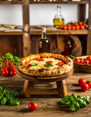 Delicious pizza on a wooden stand