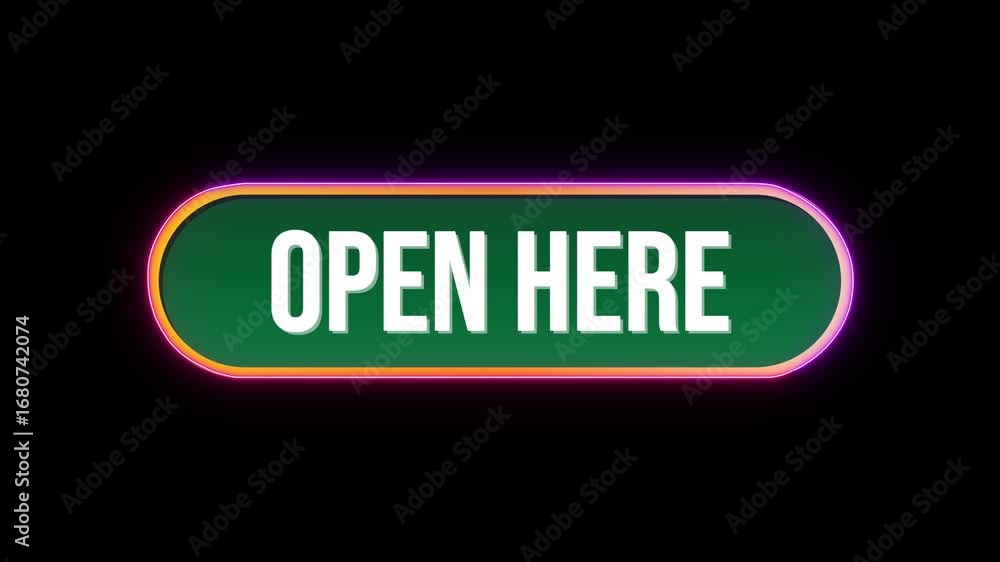 Poster open here, button click animation with computer mouse cursor and luxury neon glow colorful border on