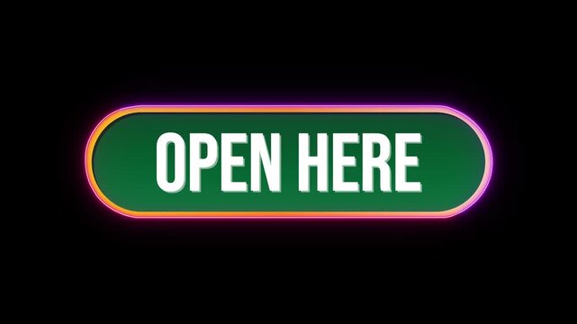 Open Here, Button Click Animation with Computer Mouse Cursor and Luxury Neon Glow Colorful Border on Black Background