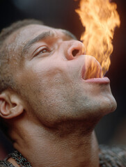 Obraz premium Dynamic fire breather performing a fiery act with skill and intensity.