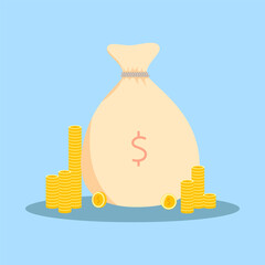 financial concept illustration with money bag and golden coin stacks design