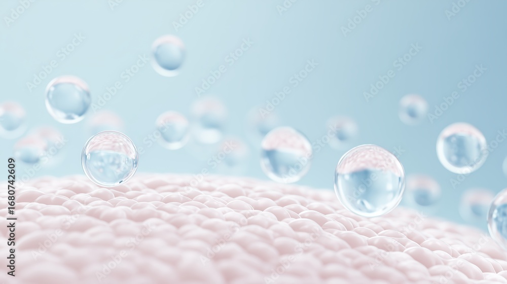 Aufkleber close-up view of soft pink foam surface with transparent water droplets suspended in the air, creati