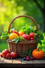 A rustic woven basket overflowing with fresh, ripe fruit, vegetables, and wildflowers, sitting on a sun-drenched wooden table, embodying a wholesome, abundant harvest , daisies, nature