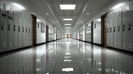 Modern school hallway with lockers and polished tile floor  