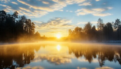 Fototapeta premium Serene Early Morning Lake Landscape with Mist, Golden Sunlight, and Majestic Cloud Reflections