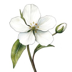 Obraz premium Beautiful white flower with intricate petals and fresh green leaves.