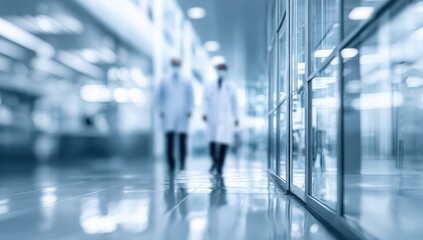Blurred view of two people in white lab coats walking down a hospital corridor