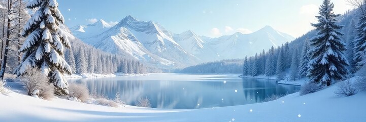 A serene winter landscape featuring a snow-covered forest, frozen lake, and distant mountains under a clear sky Perfect for winter wonderland, holiday, and nature themes , twigs, frosty