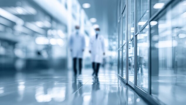 Blurred view of two people in white lab coats walking down a hospital corridor